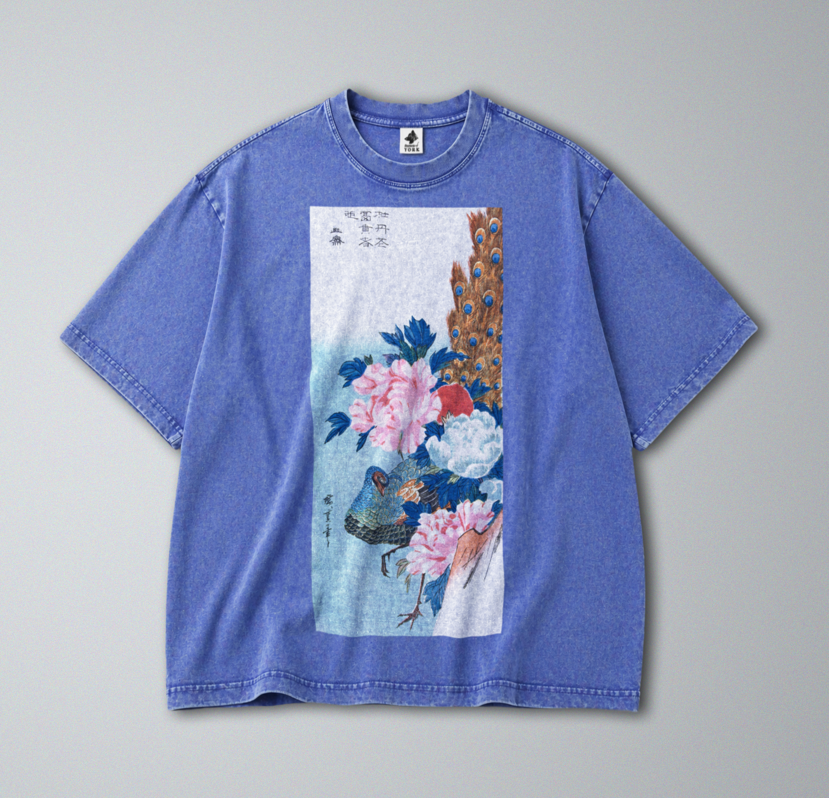 Oversized Snow Washed Cotton Tee - Japanese Peacock and Floral Print