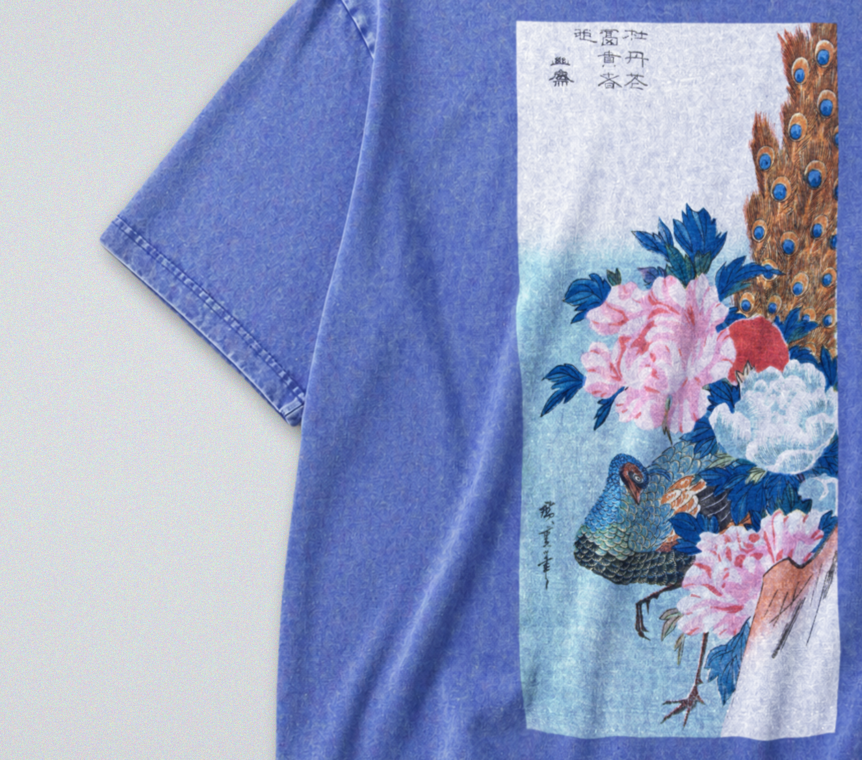 Oversized Snow Washed Cotton Tee - Japanese Peacock and Floral Print