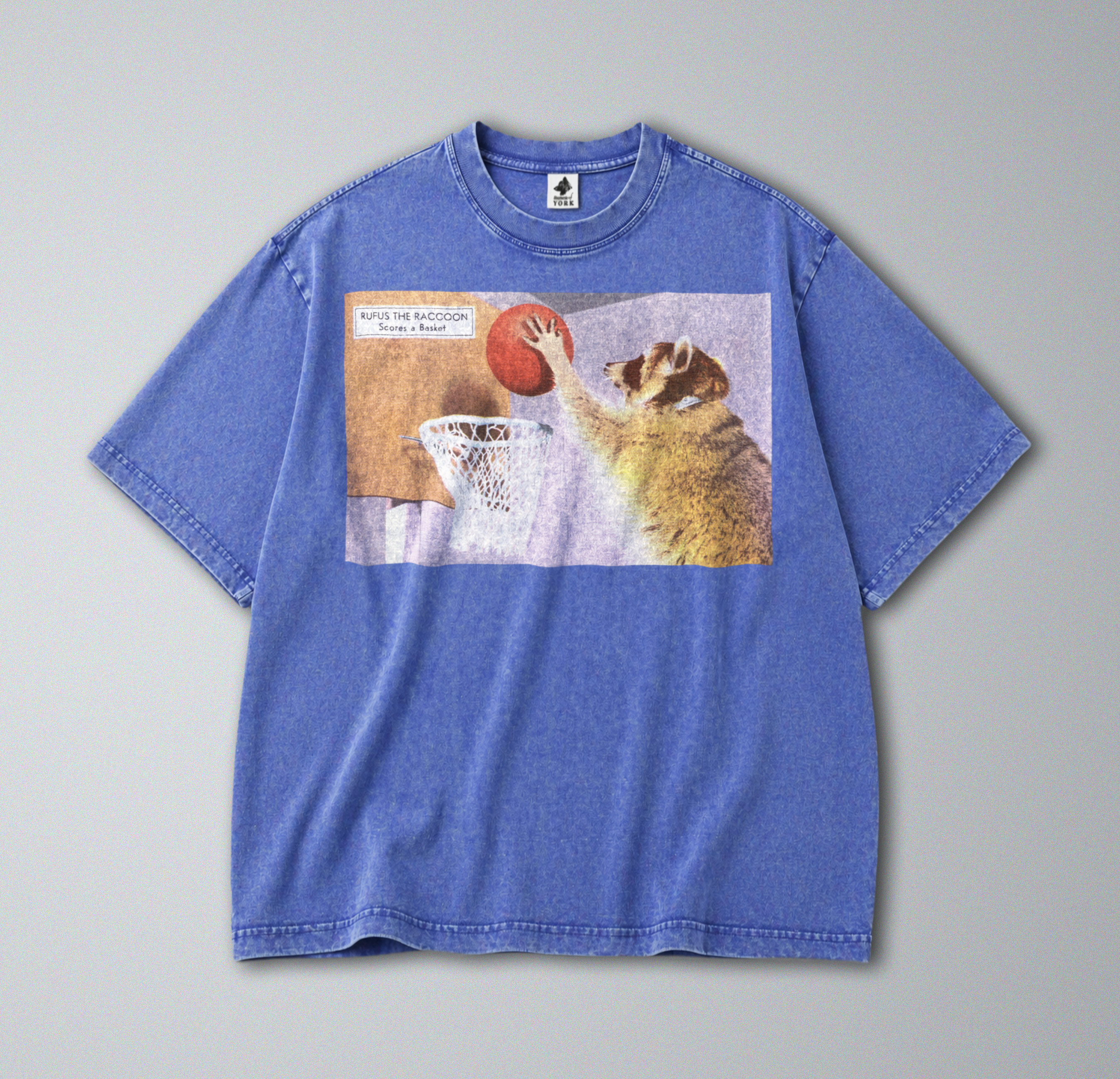 Oversized Snow Washed Cotton Tee - Funny Raccoon with Basketball Print