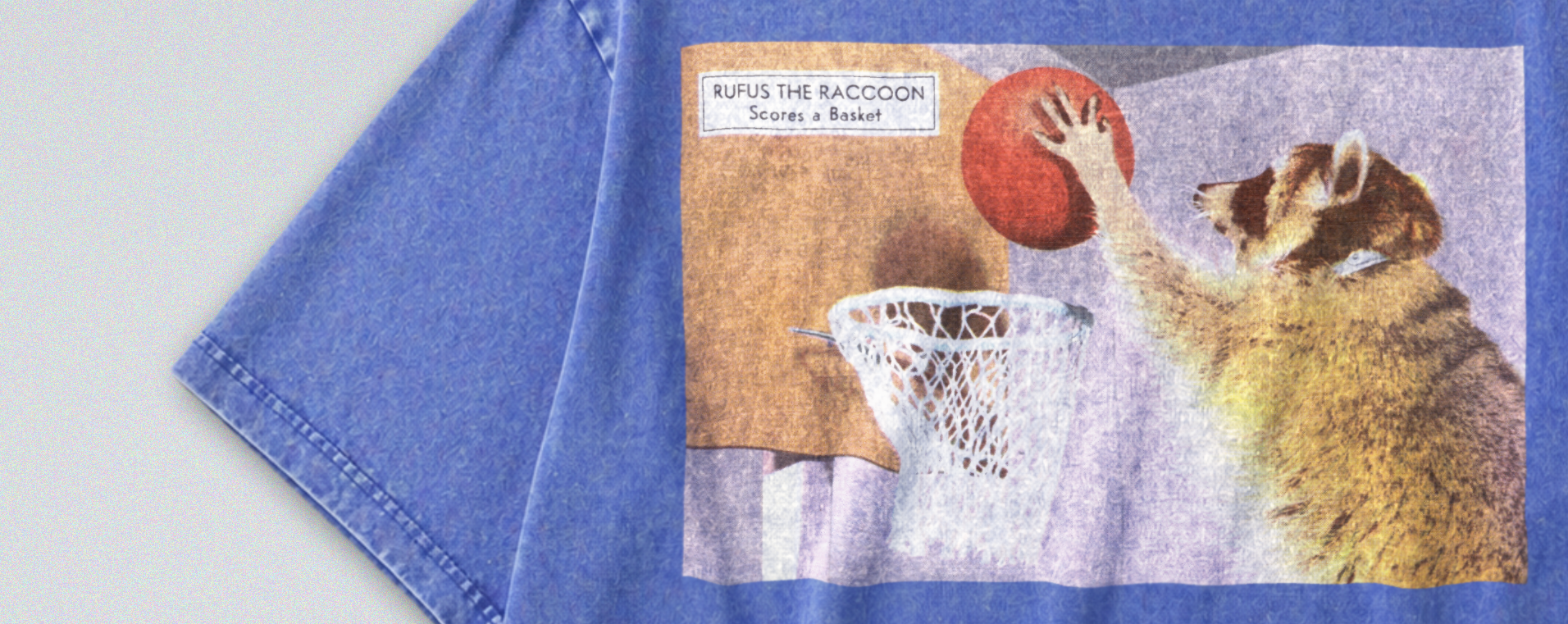 Oversized Snow Washed Cotton Tee - Funny Raccoon with Basketball Print