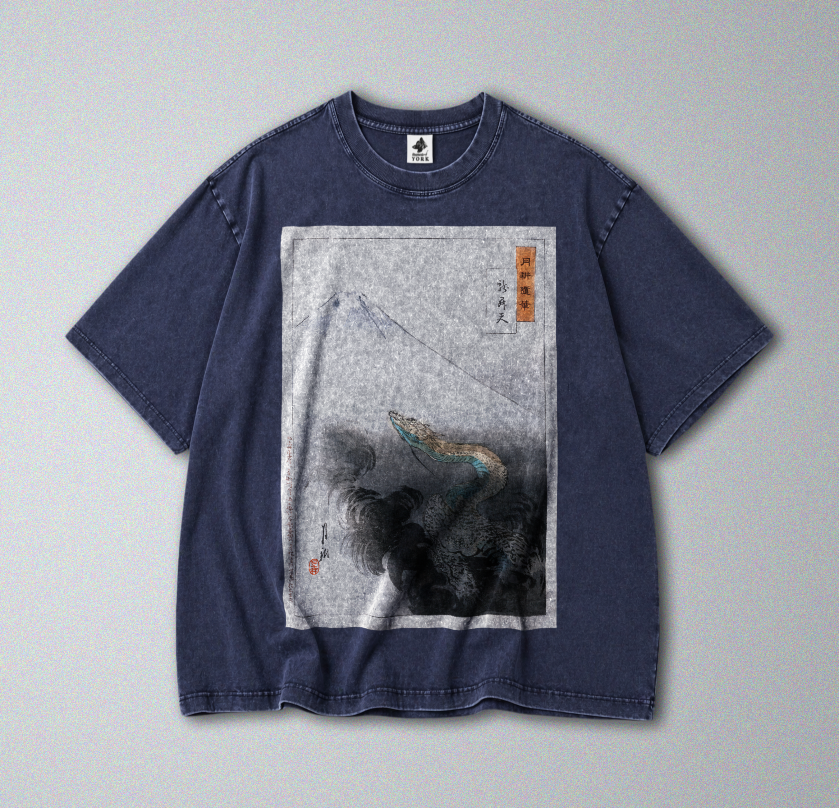 Oversized Snow Washed Cotton Tee - Japanese Mountain & Dragon Print