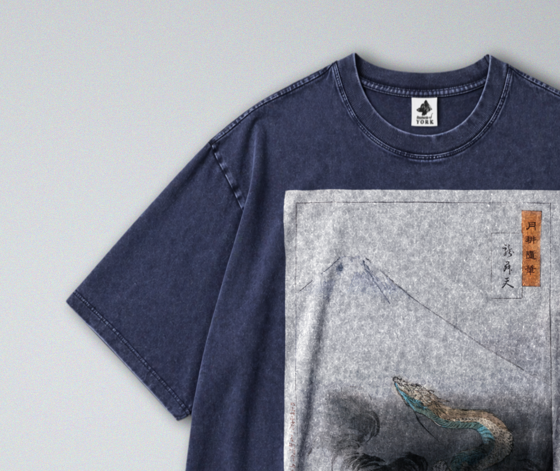 Oversized Snow Washed Cotton Tee - Japanese Mountain & Dragon Print