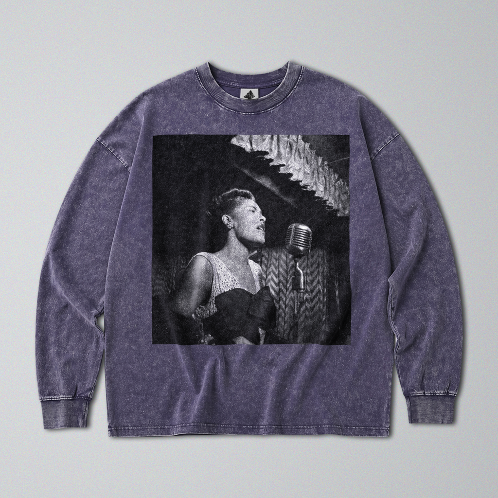 Oversized Snow Washed Long Sleeve Cotton Tee - Billie Holiday Print