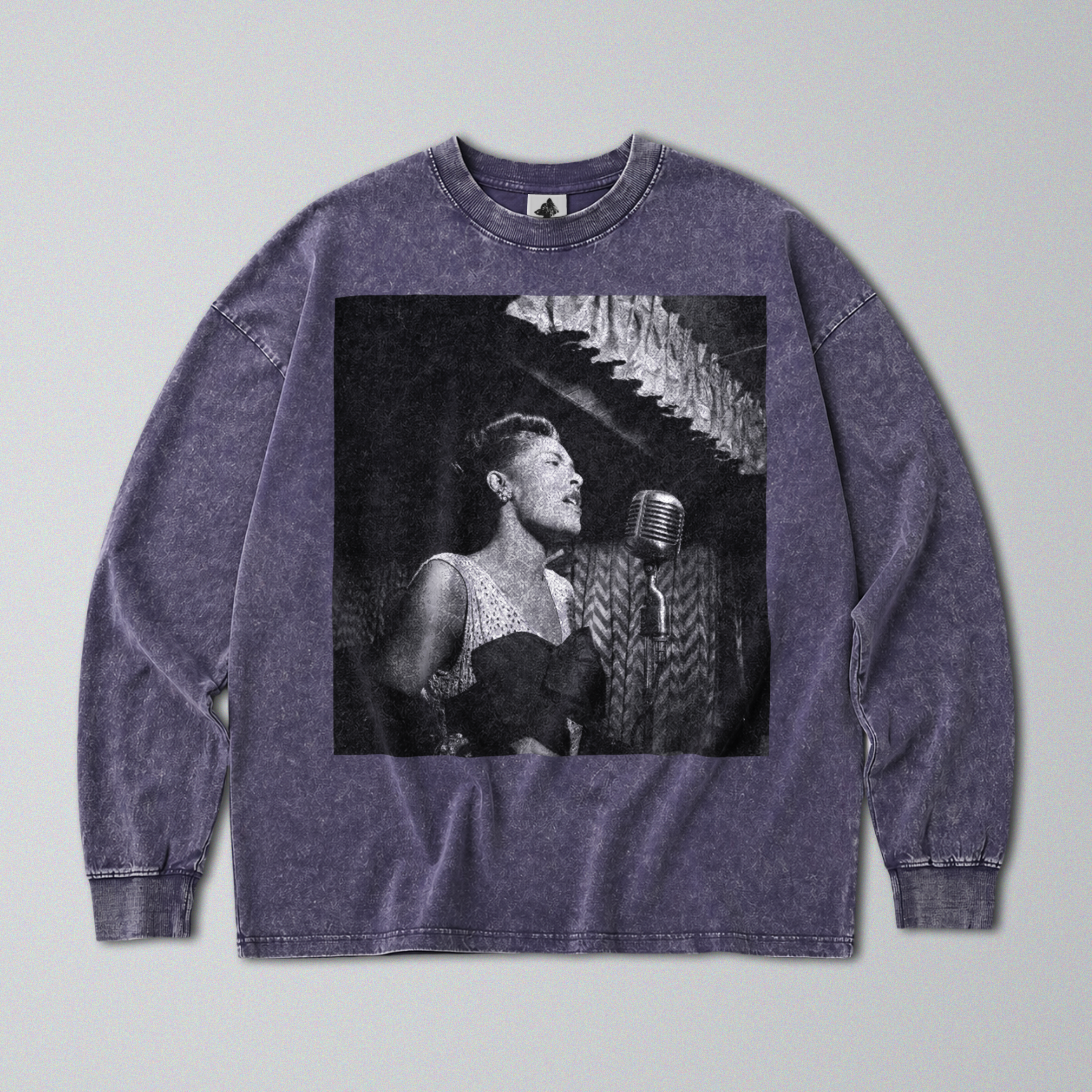 Oversized Snow Washed Long Sleeve Cotton Tee - Billie Holiday Print