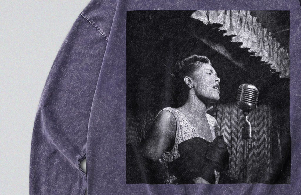 Oversized Snow Washed Long Sleeve Cotton Tee - Billie Holiday Print
