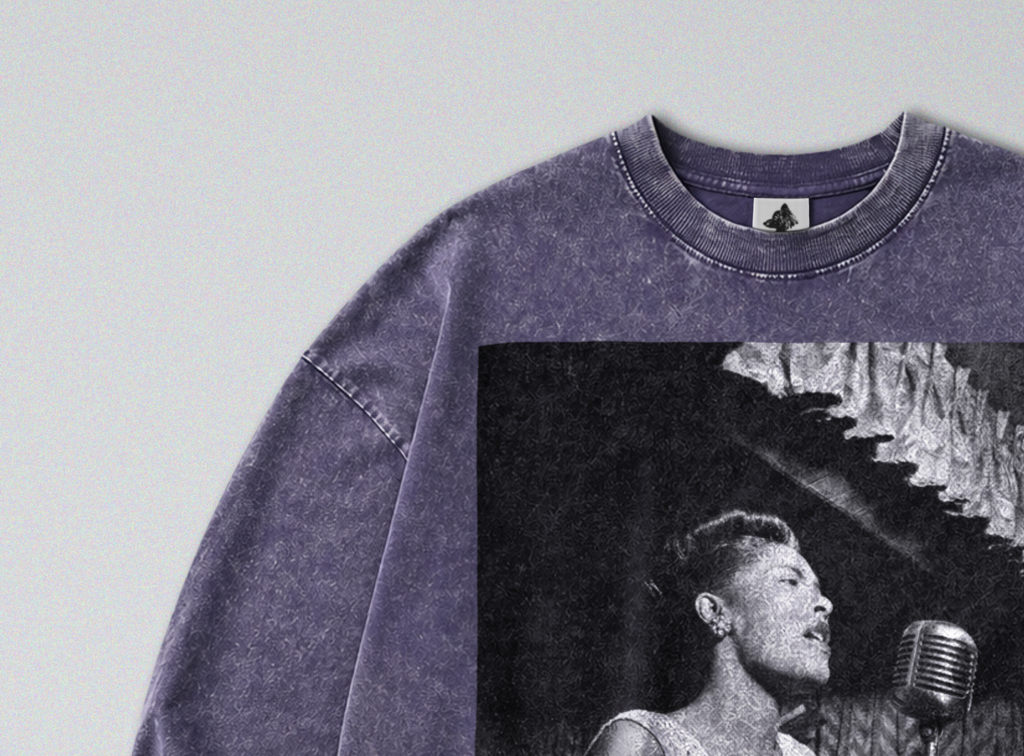 Oversized Snow Washed Long Sleeve Cotton Tee - Billie Holiday Print