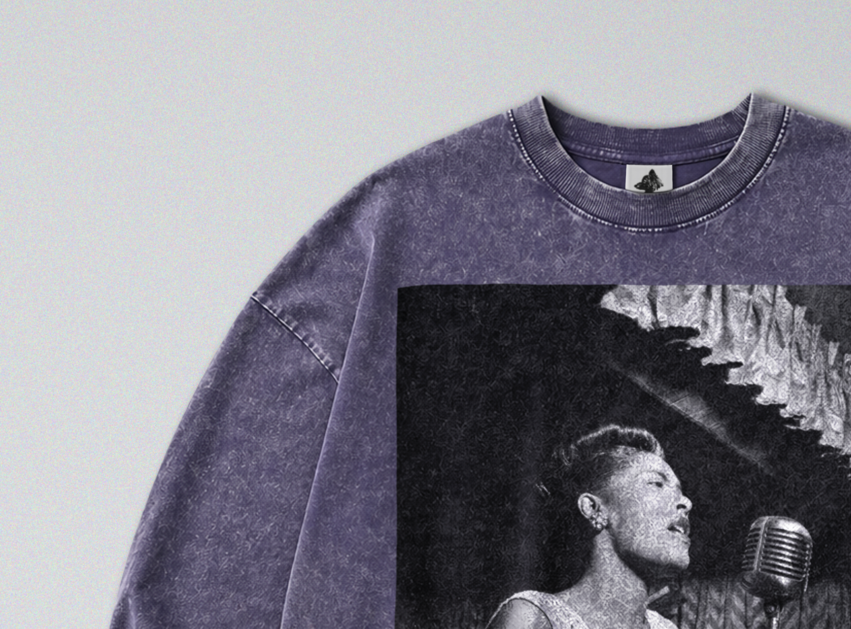 Oversized Snow Washed Long Sleeve Cotton Tee - Billie Holiday Print