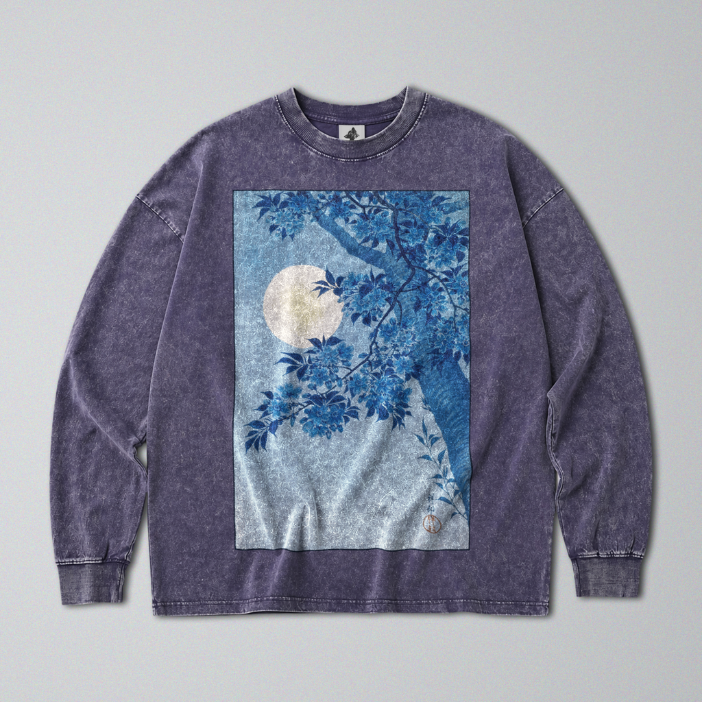 Oversized Snow Washed Long Sleeve Cotton Tee - Japanese Tree in Moonlight Print