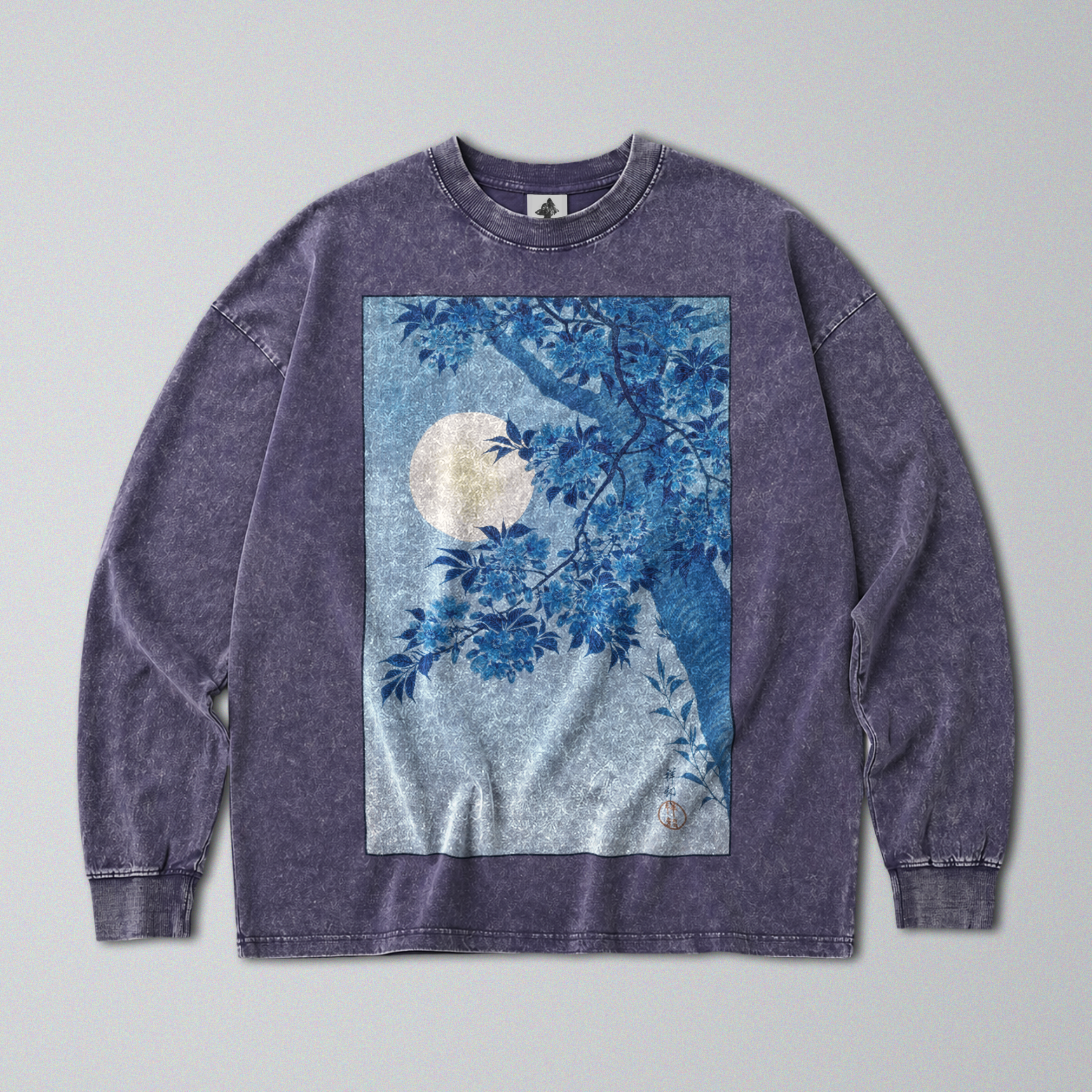 Oversized Snow Washed Long Sleeve Cotton Tee - Japanese Tree in Moonlight Print