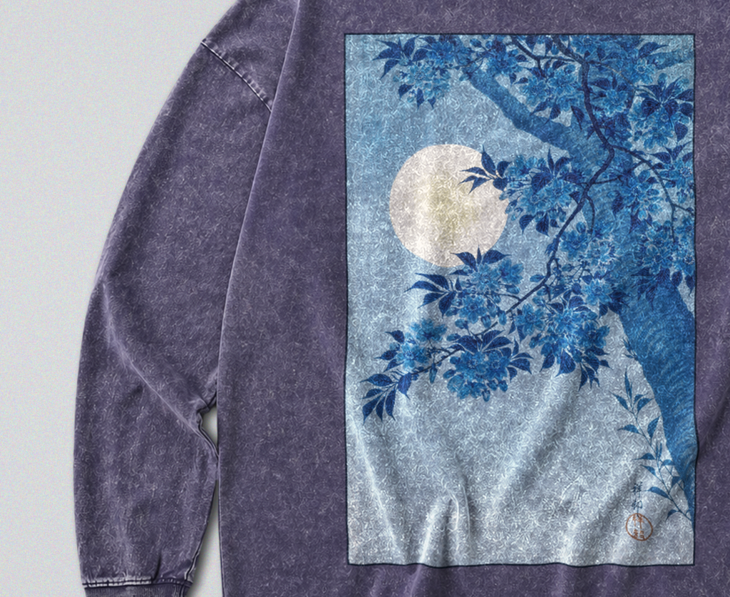 Oversized Snow Washed Long Sleeve Cotton Tee - Japanese Tree in Moonlight Print
