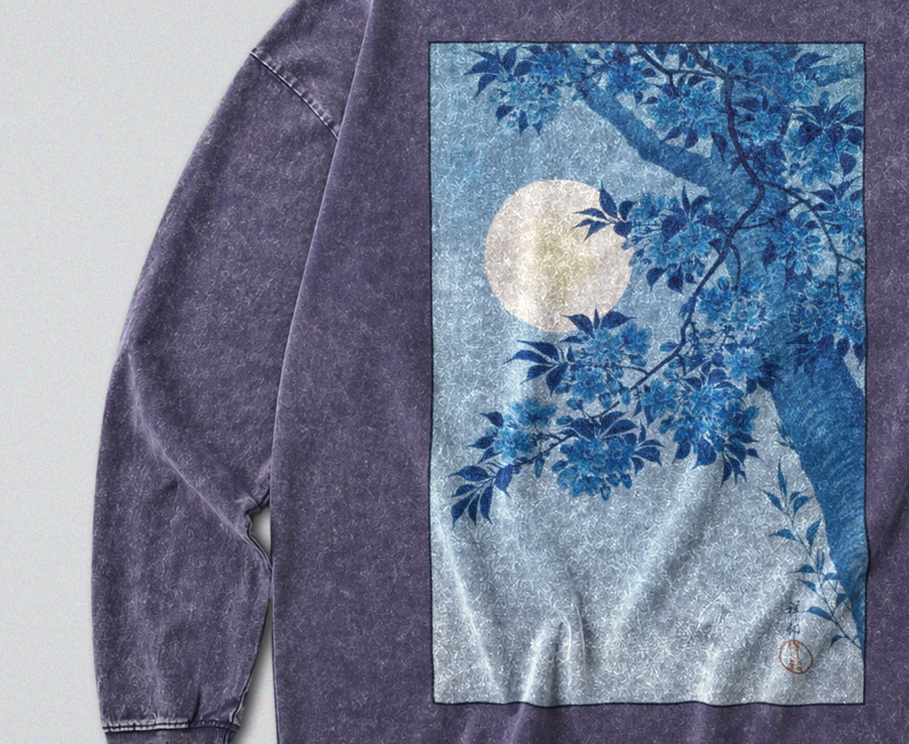 Oversized Snow Washed Long Sleeve Cotton Tee - Japanese Tree in Moonlight Print