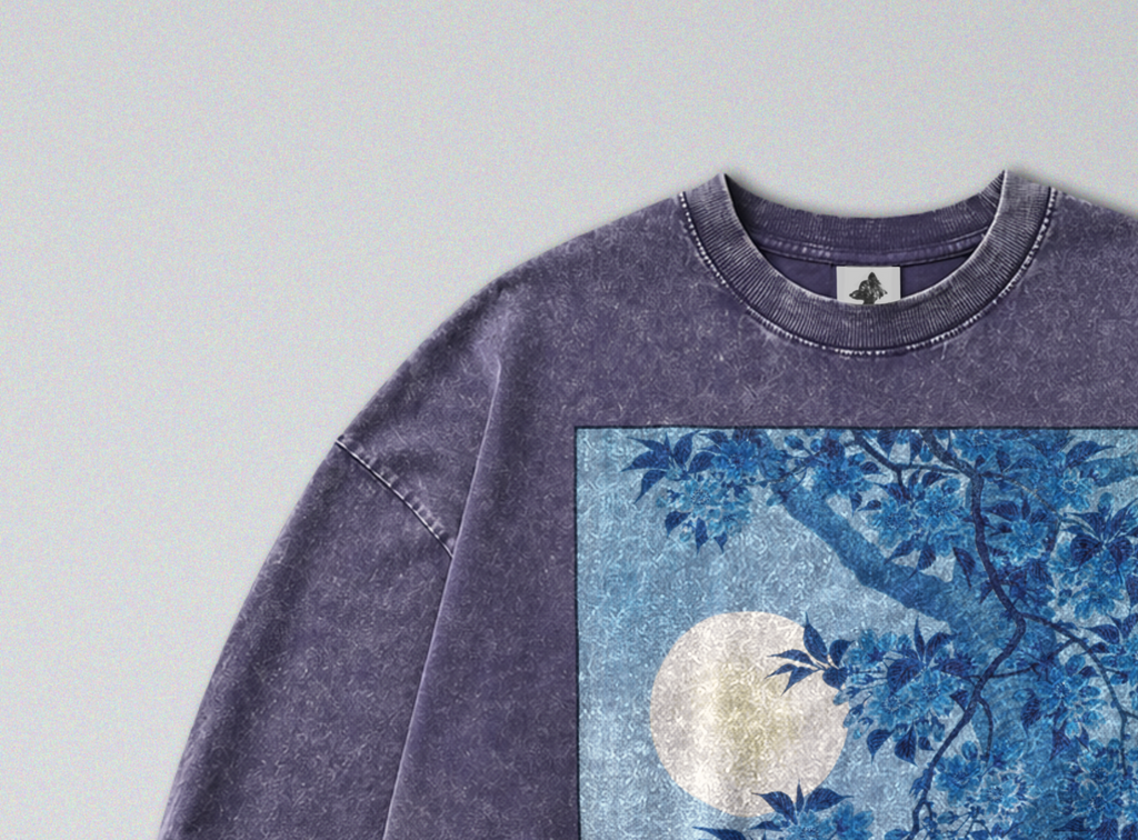 Oversized Snow Washed Long Sleeve Cotton Tee - Japanese Tree in Moonlight Print