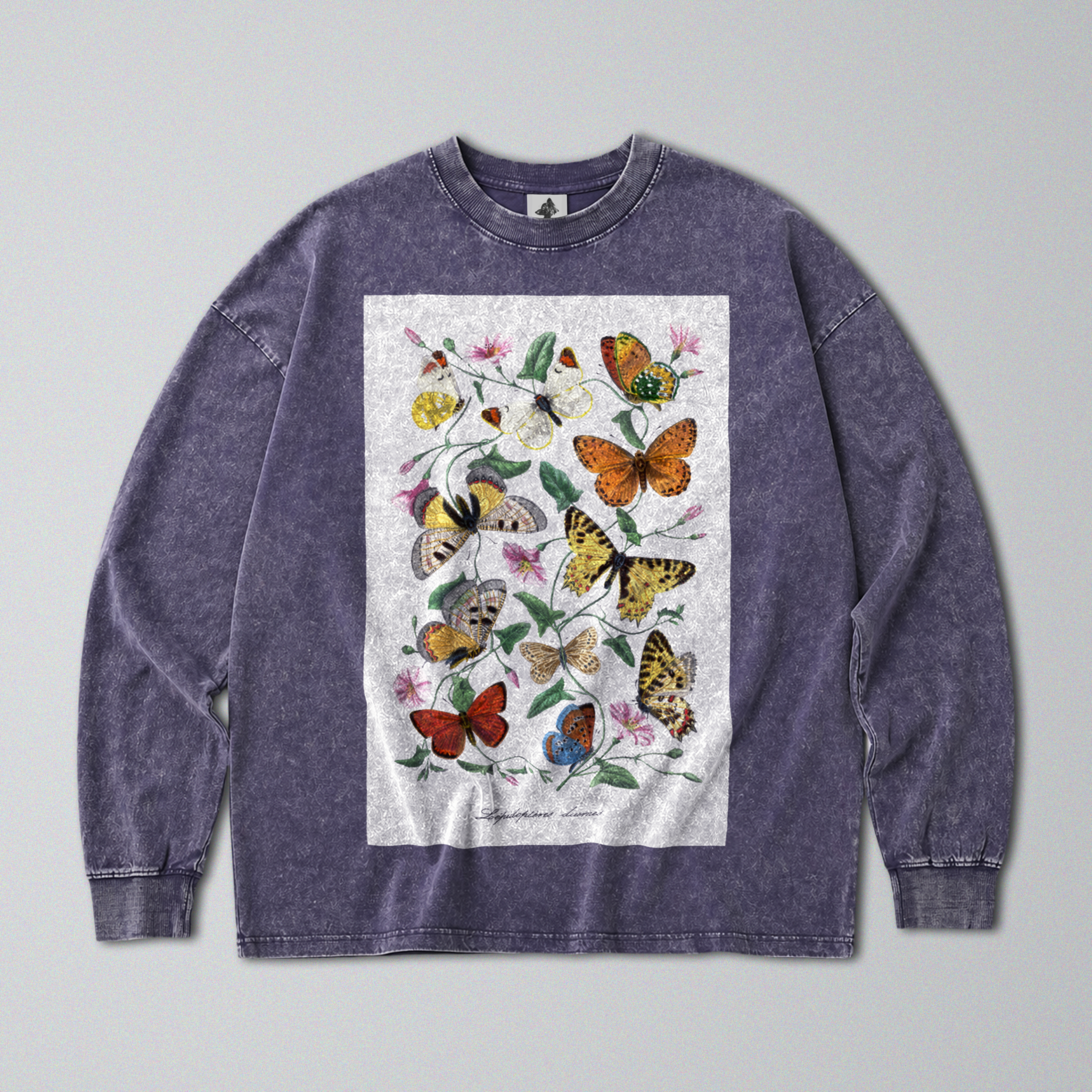 Oversized Snow Washed Long Sleeve Cotton Tee - Colorful Butterflies Print
