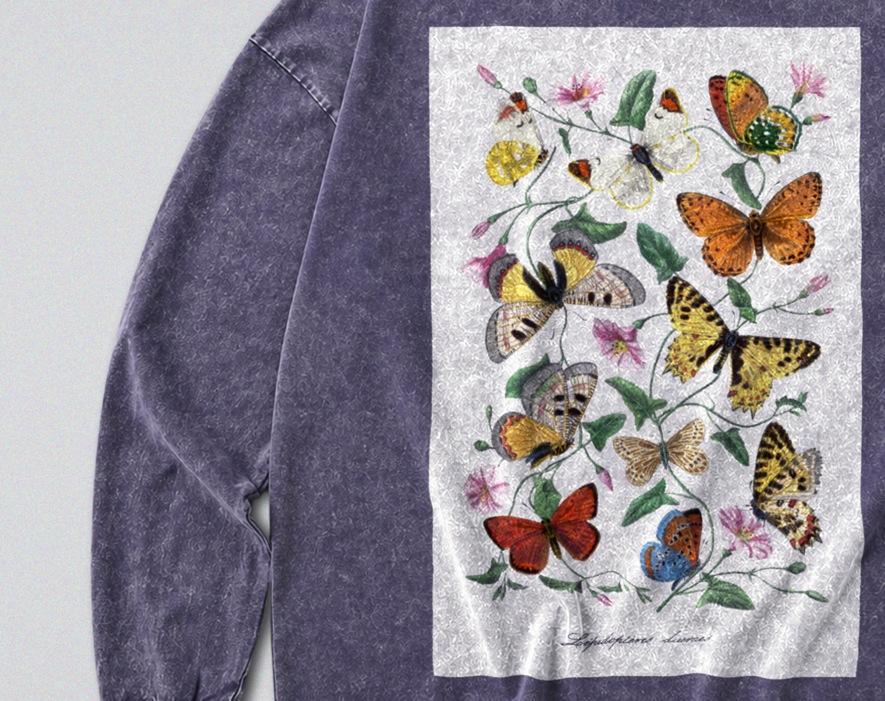 Oversized Snow Washed Long Sleeve Cotton Tee - Colorful Butterflies Print
