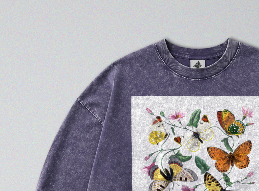 Oversized Snow Washed Long Sleeve Cotton Tee - Colorful Butterflies Print