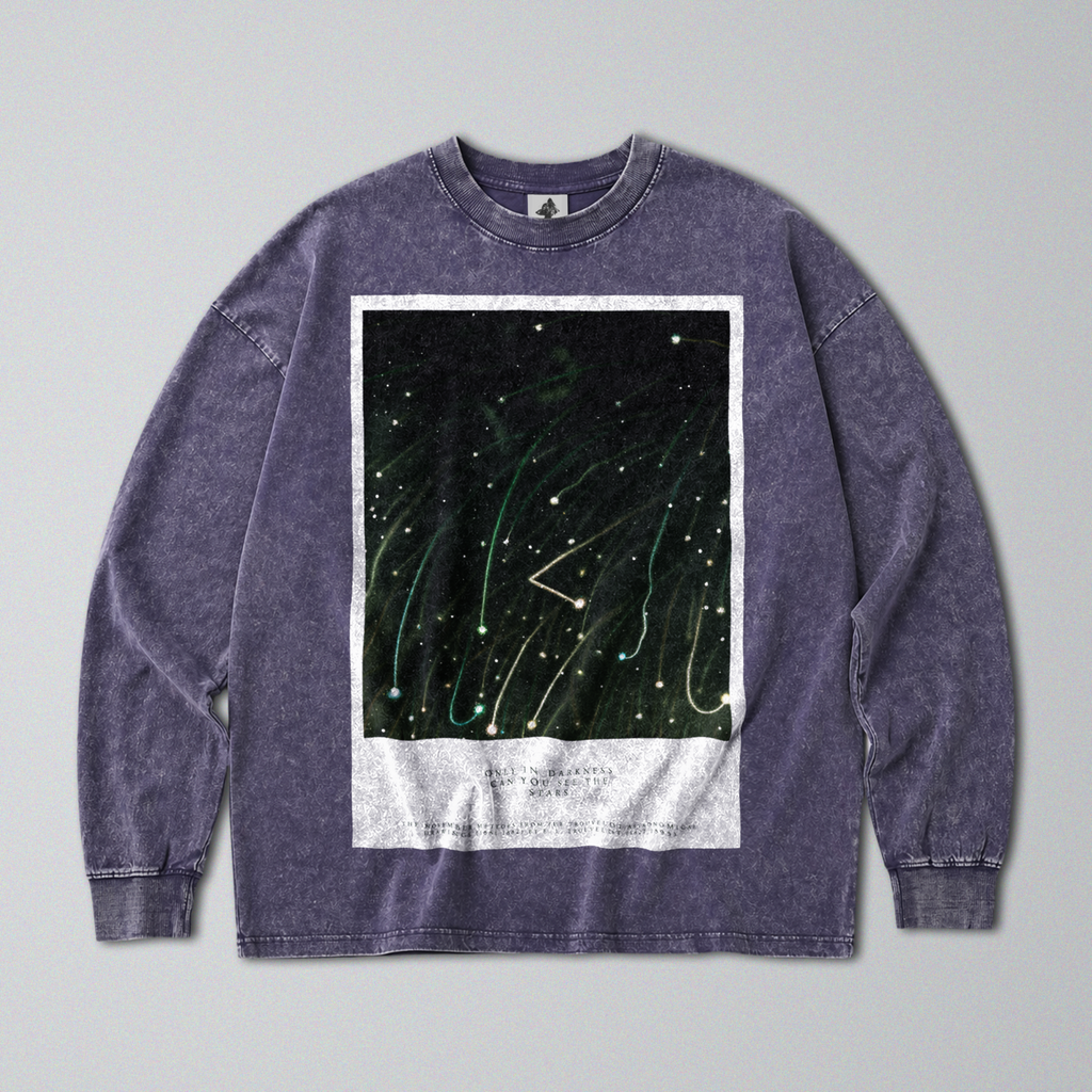 Oversized Snow Washed Long Sleeve Cotton Tee - Night Sky & Shooting Stars Print