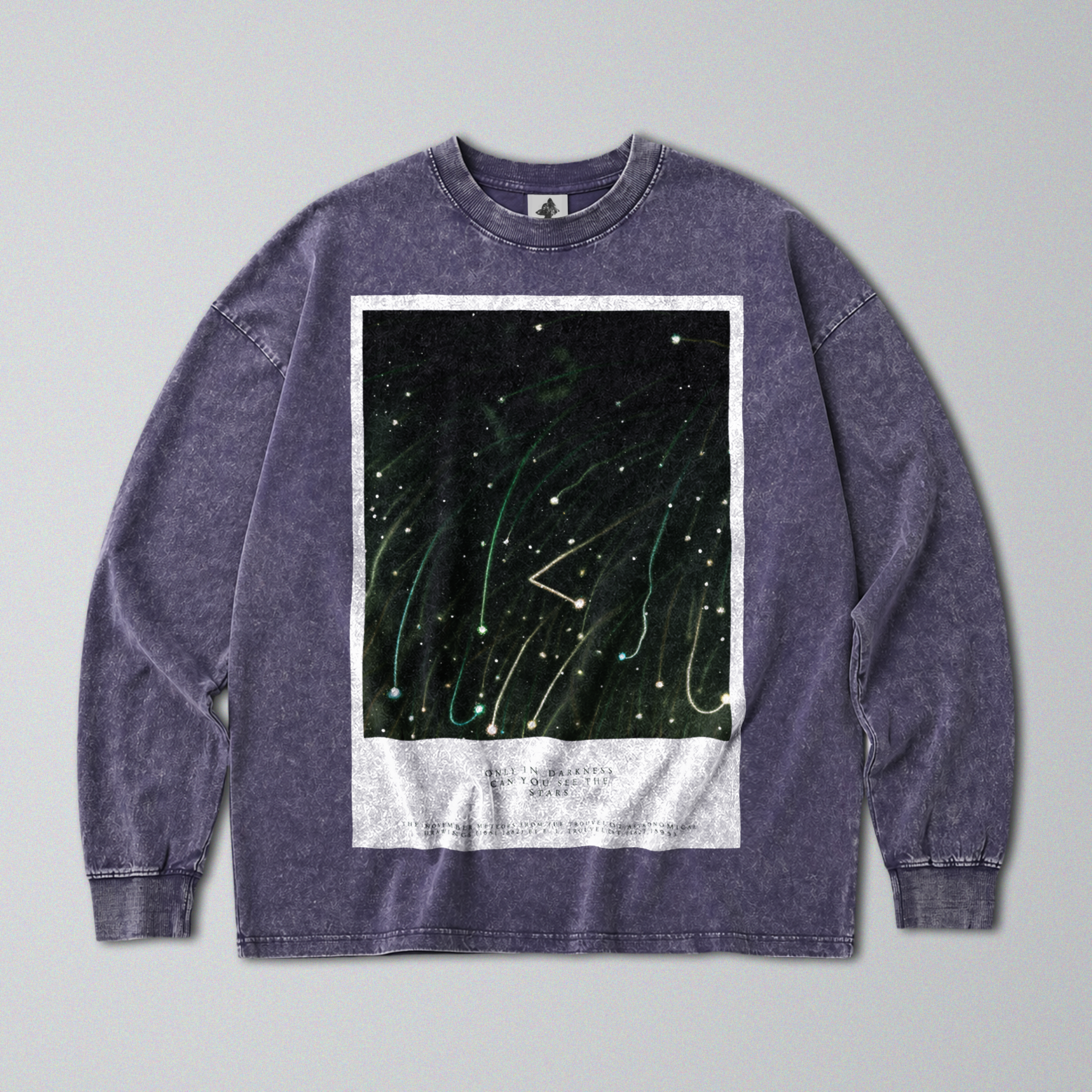 Oversized Snow Washed Long Sleeve Cotton Tee - Night Sky & Shooting Stars Print