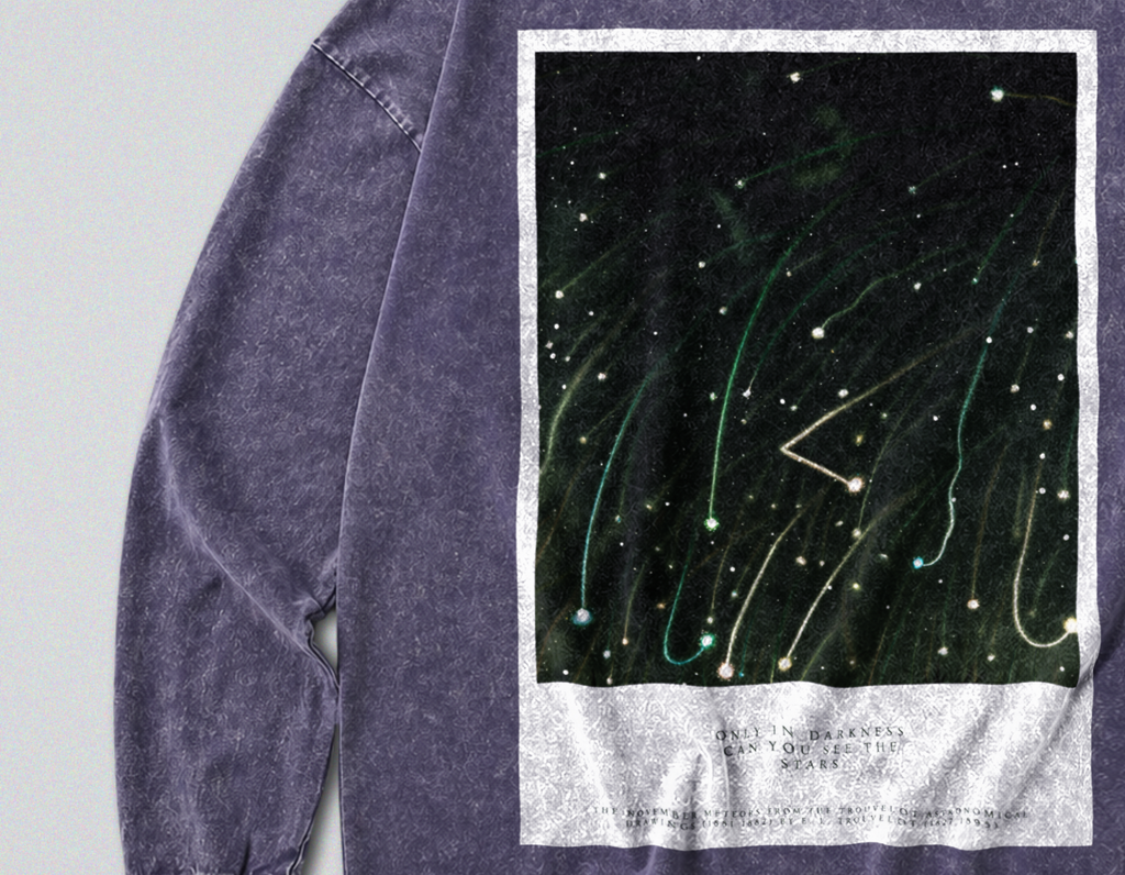 Oversized Snow Washed Long Sleeve Cotton Tee - Night Sky & Shooting Stars Print