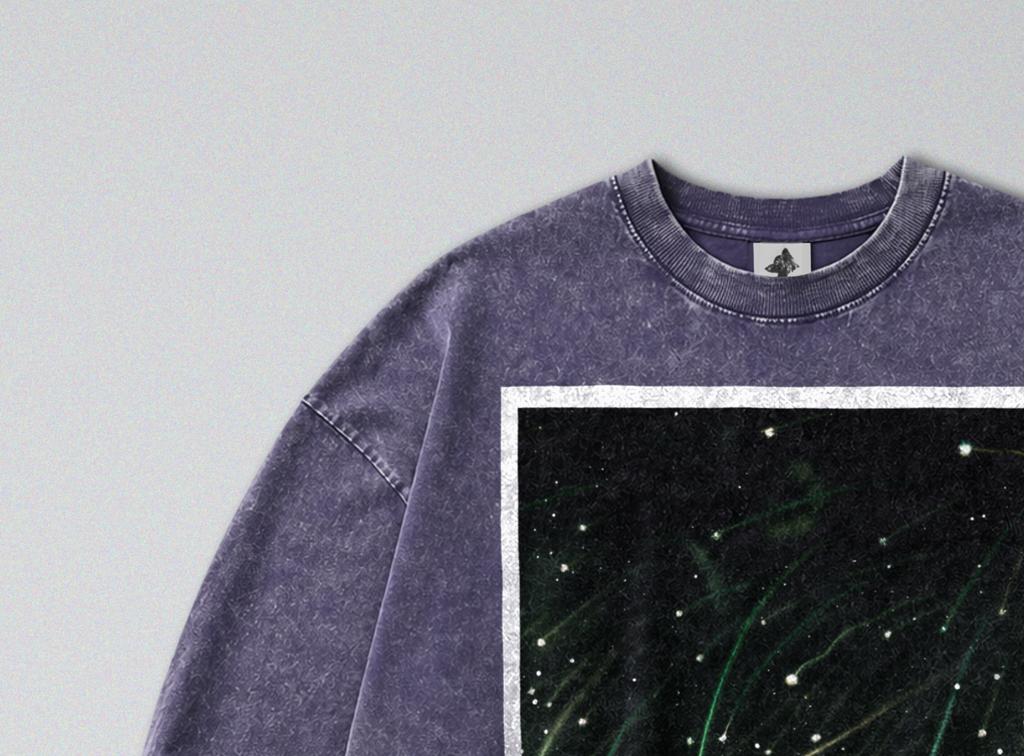 Oversized Snow Washed Long Sleeve Cotton Tee - Night Sky & Shooting Stars Print