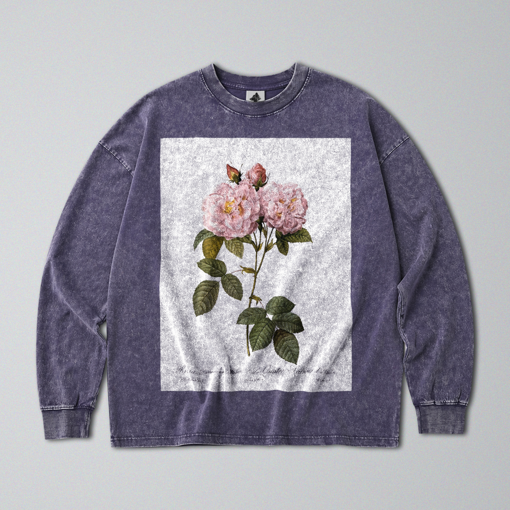 Oversized Snow Washed Long Sleeve Cotton Tee - Minimalist Rose Print