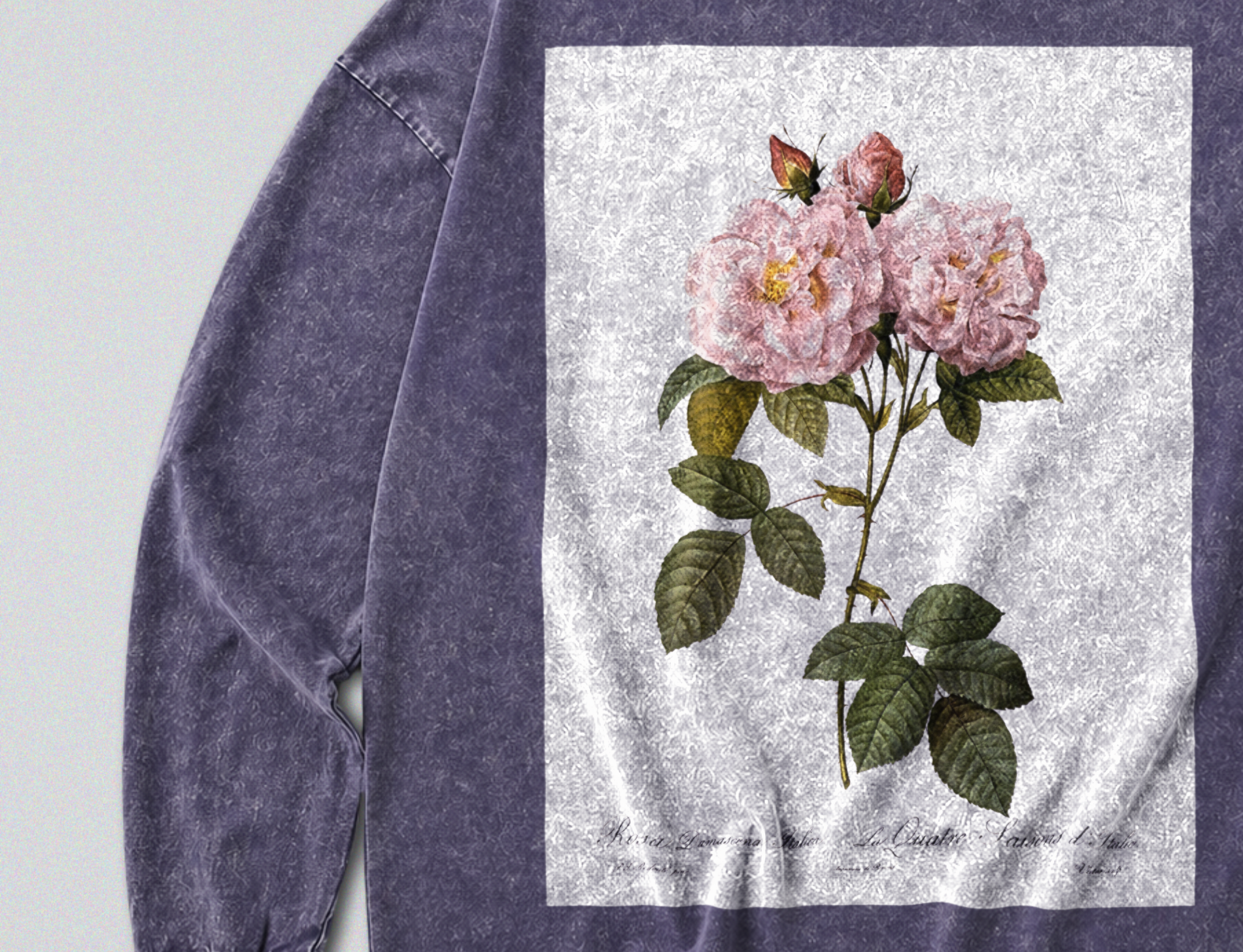 Oversized Snow Washed Long Sleeve Cotton Tee - Minimalist Rose Print