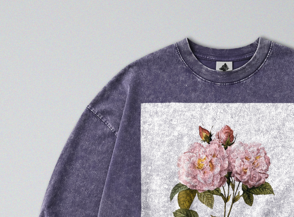 Oversized Snow Washed Long Sleeve Cotton Tee - Minimalist Rose Print