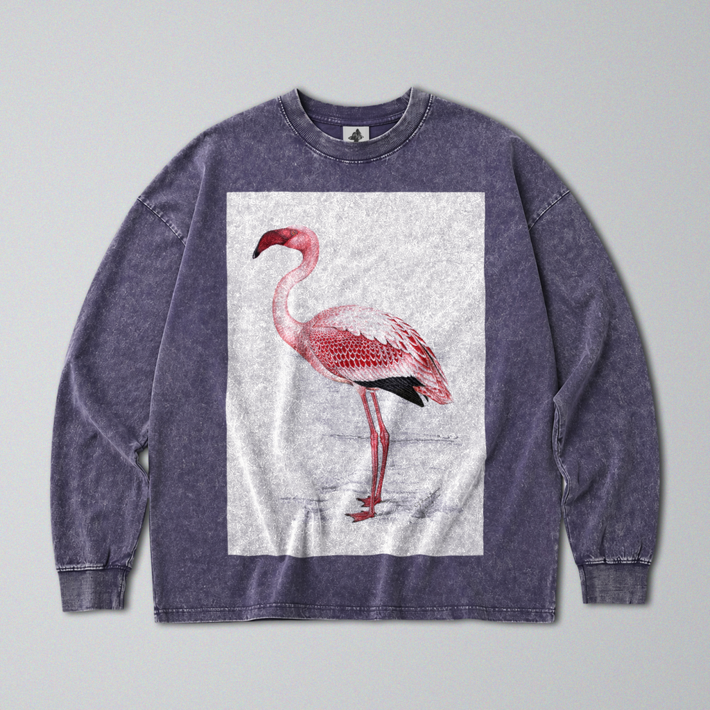 Oversized Snow Washed Long Sleeve Cotton Tee - Pink Flamingo Print