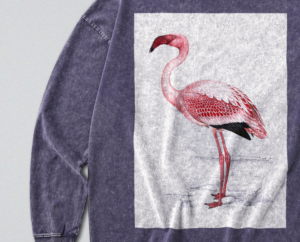 Oversized Snow Washed Long Sleeve Cotton Tee - Pink Flamingo Print