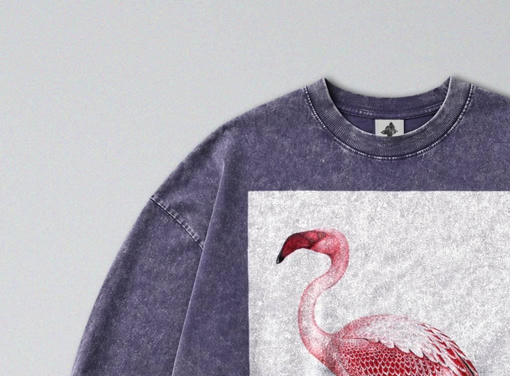 Oversized Snow Washed Long Sleeve Cotton Tee - Pink Flamingo Print