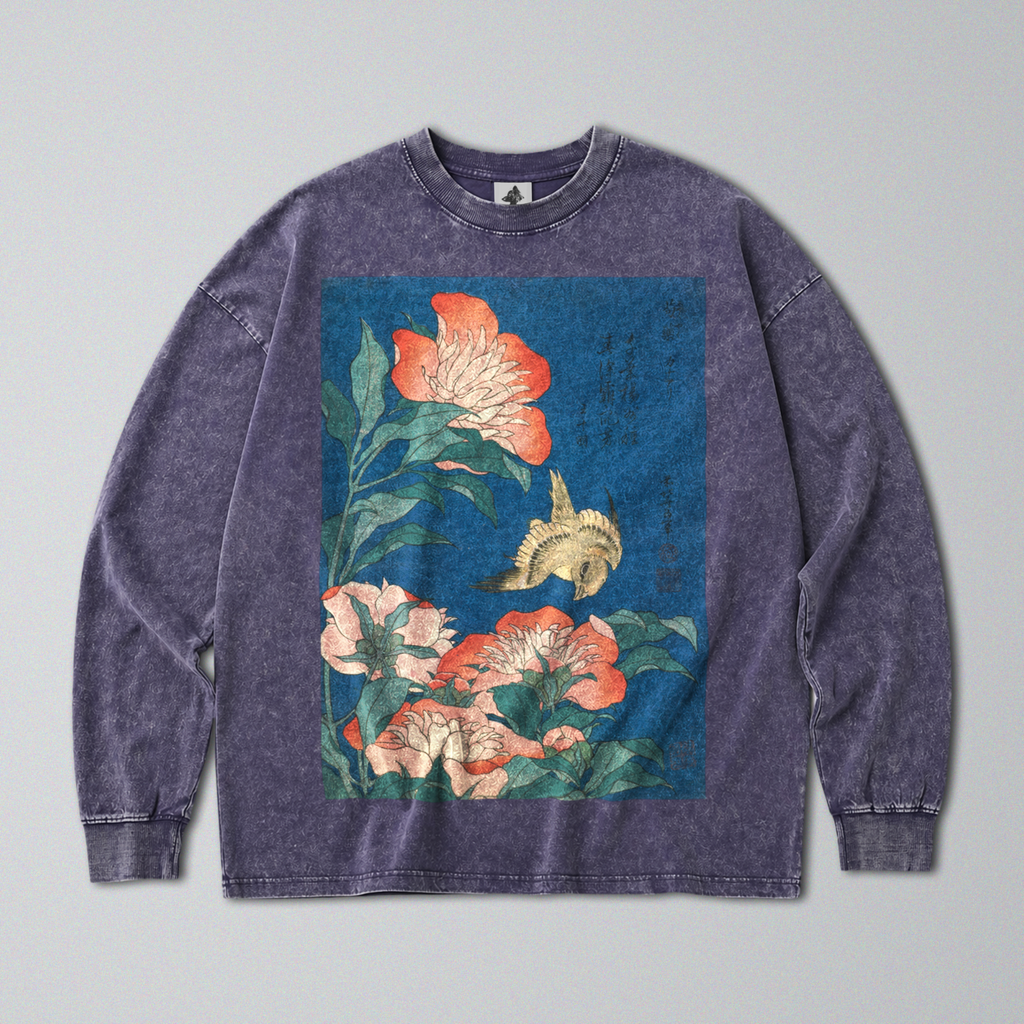 Oversized Snow Washed Long Sleeve Cotton Tee - Japanese Flowers and Canary Print