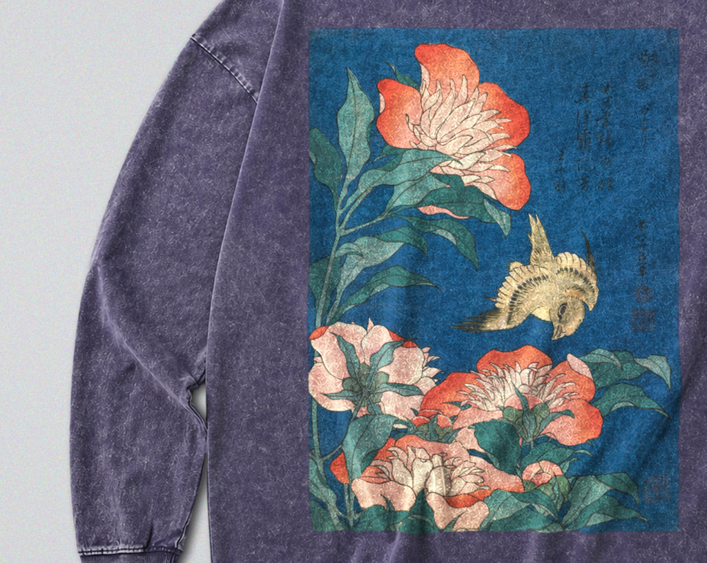 Oversized Snow Washed Long Sleeve Cotton Tee - Japanese Flowers and Canary Print