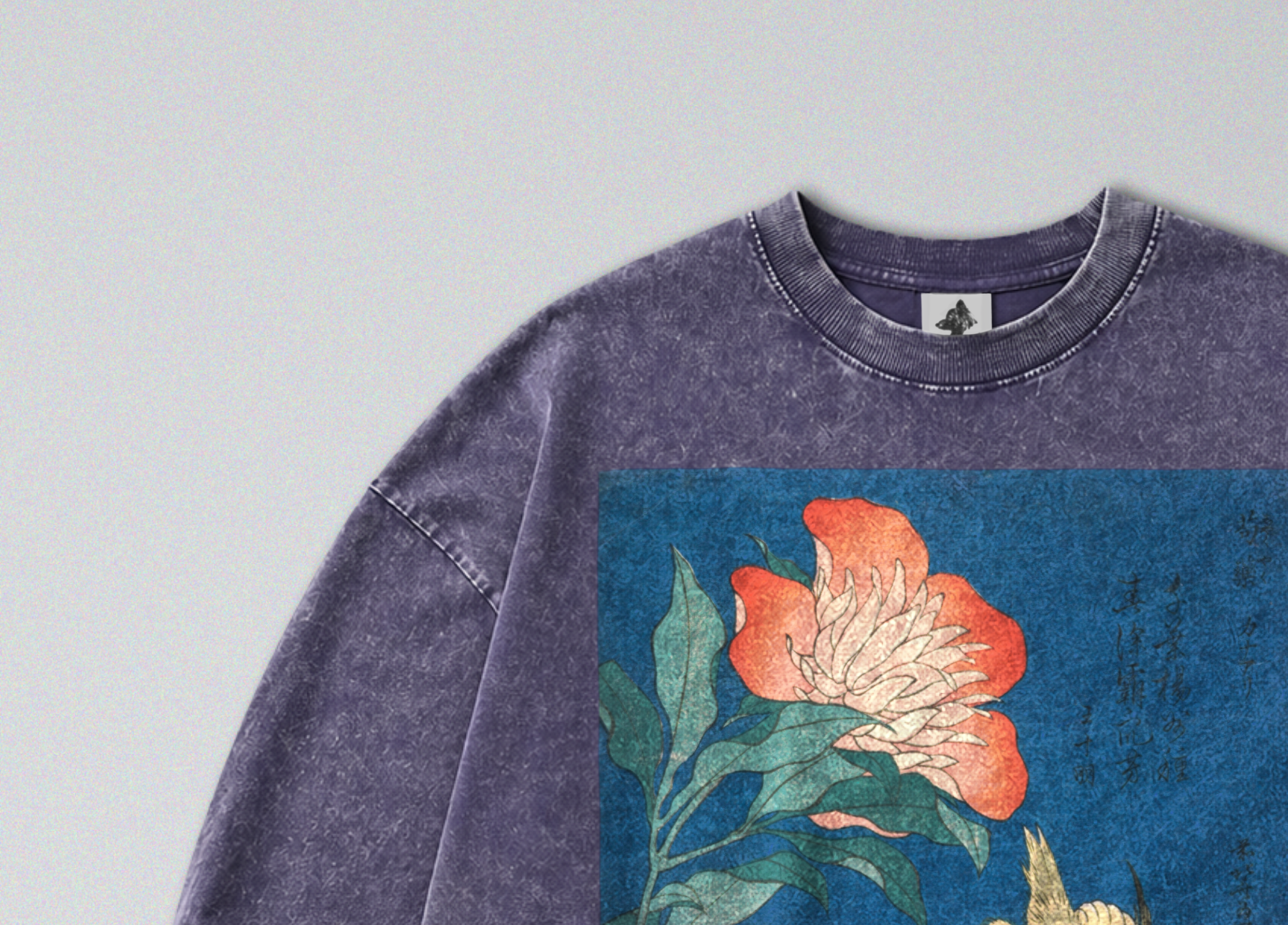 Oversized Snow Washed Long Sleeve Cotton Tee - Japanese Flowers and Canary Print