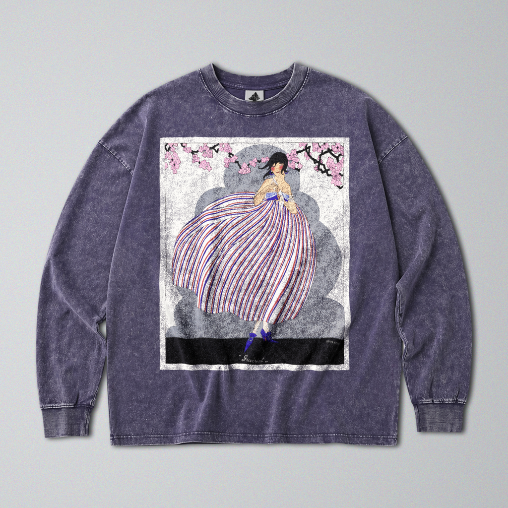 Oversized Snow Washed Long Sleeve Cotton Tee - French Fashion Magazine Print