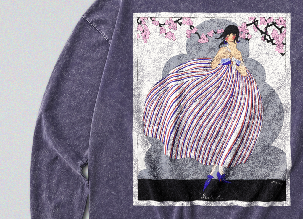 Oversized Snow Washed Long Sleeve Cotton Tee - French Fashion Magazine Print