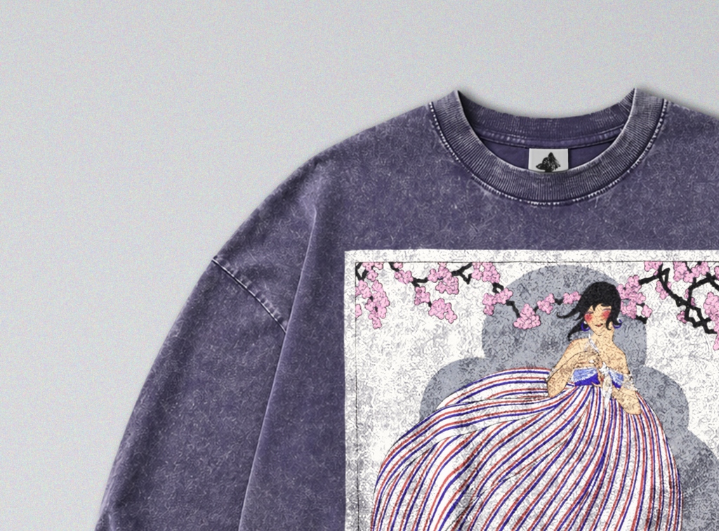 Oversized Snow Washed Long Sleeve Cotton Tee - French Fashion Magazine Print