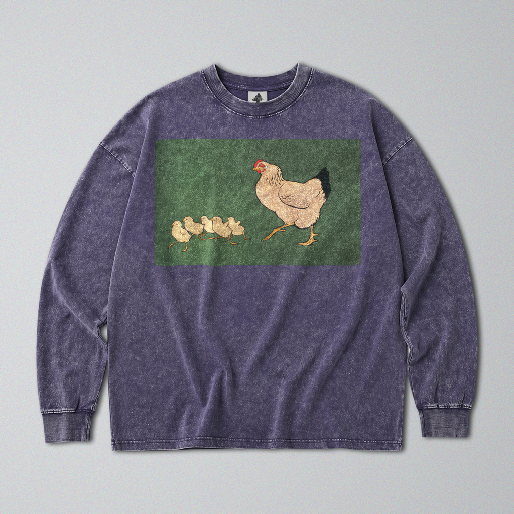 Oversized Snow Washed Long Sleeve Cotton Tee - Cute Hen & Chicks Print