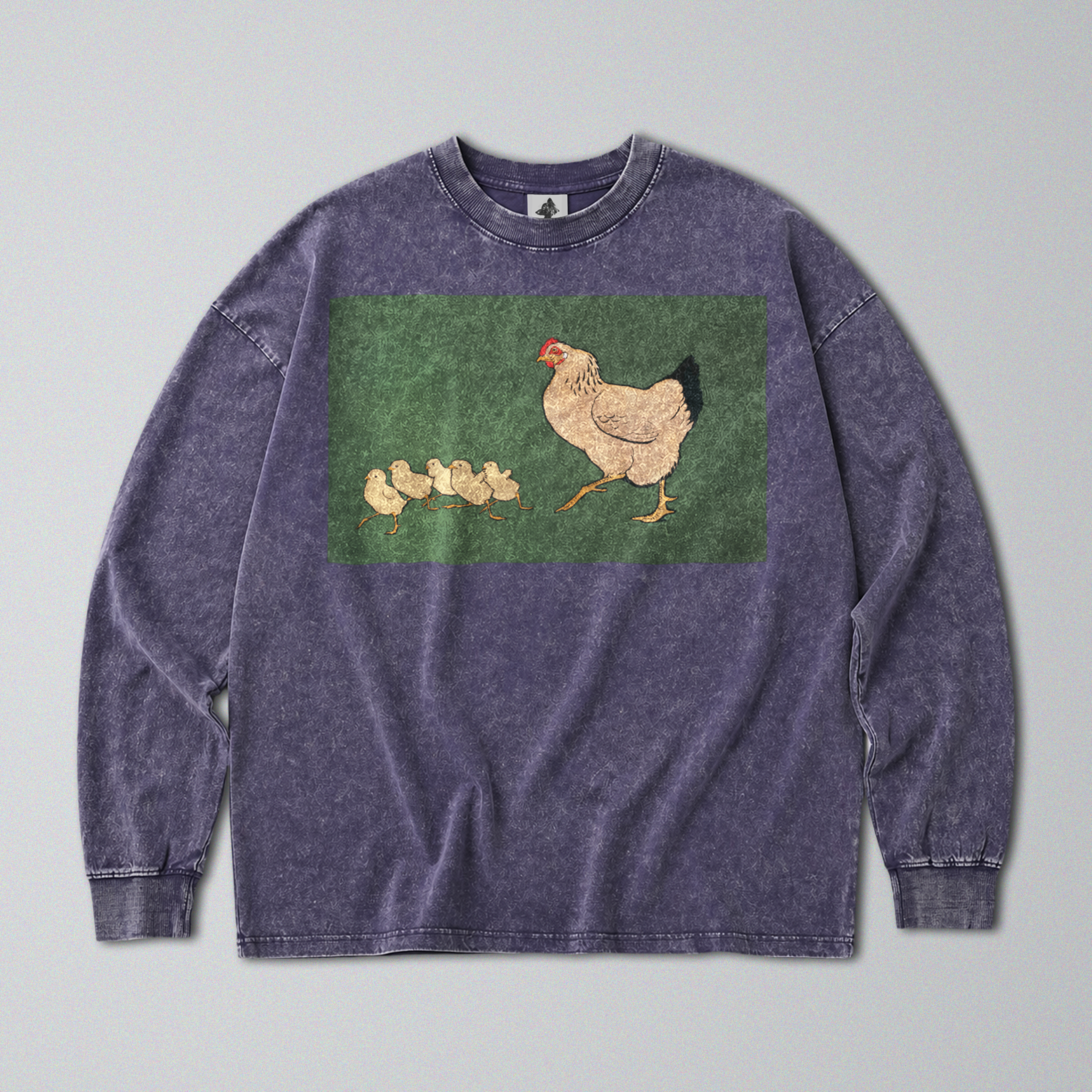 Oversized Snow Washed Long Sleeve Cotton Tee - Cute Hen & Chicks Print