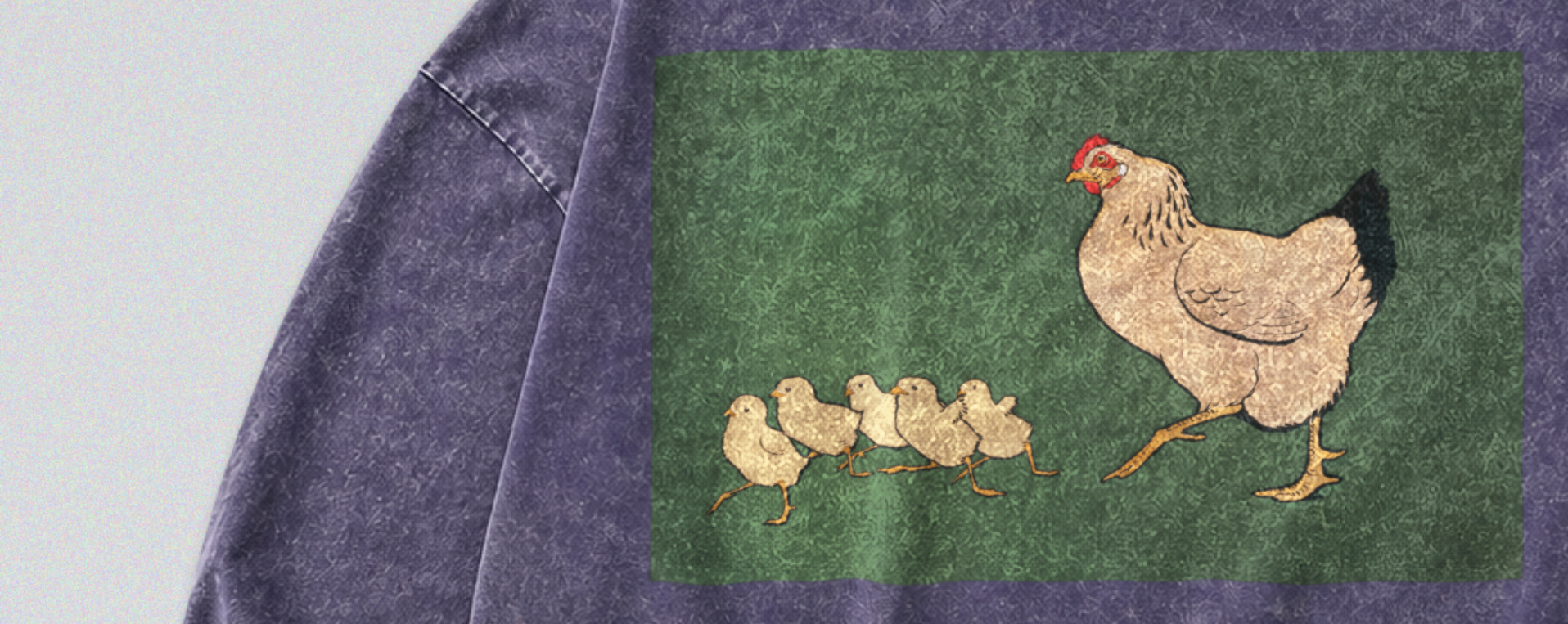 Oversized Snow Washed Long Sleeve Cotton Tee - Cute Hen & Chicks Print