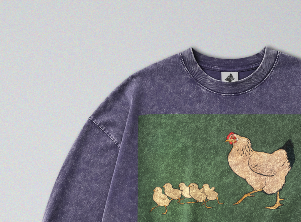 Oversized Snow Washed Long Sleeve Cotton Tee - Cute Hen & Chicks Print