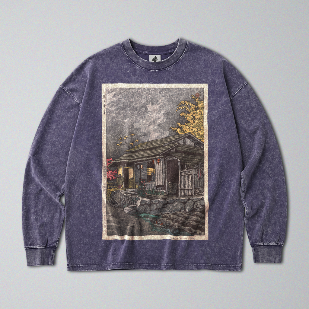 Oversized Snow Washed Long Sleeve Cotton Tee - Rural Japanese Cabin Print
