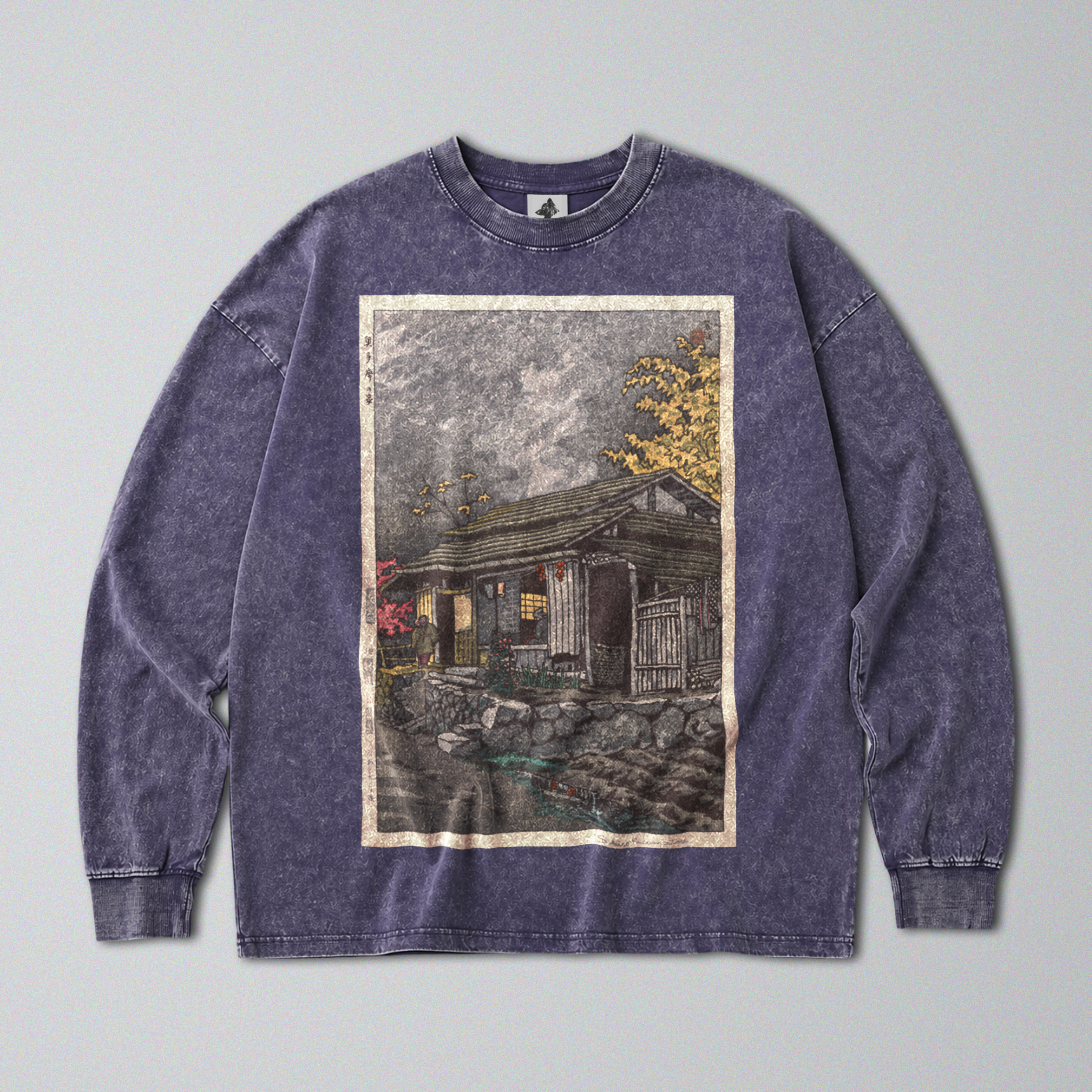 Oversized Snow Washed Long Sleeve Cotton Tee - Rural Japanese Cabin Print