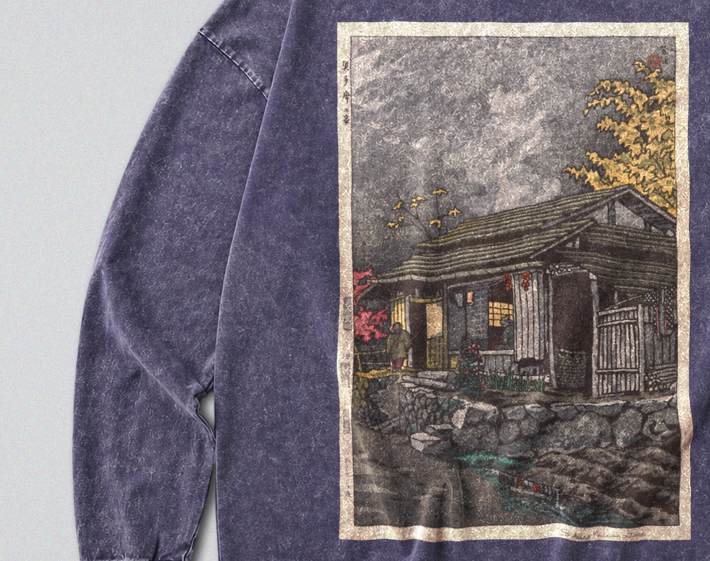 Oversized Snow Washed Long Sleeve Cotton Tee - Rural Japanese Cabin Print