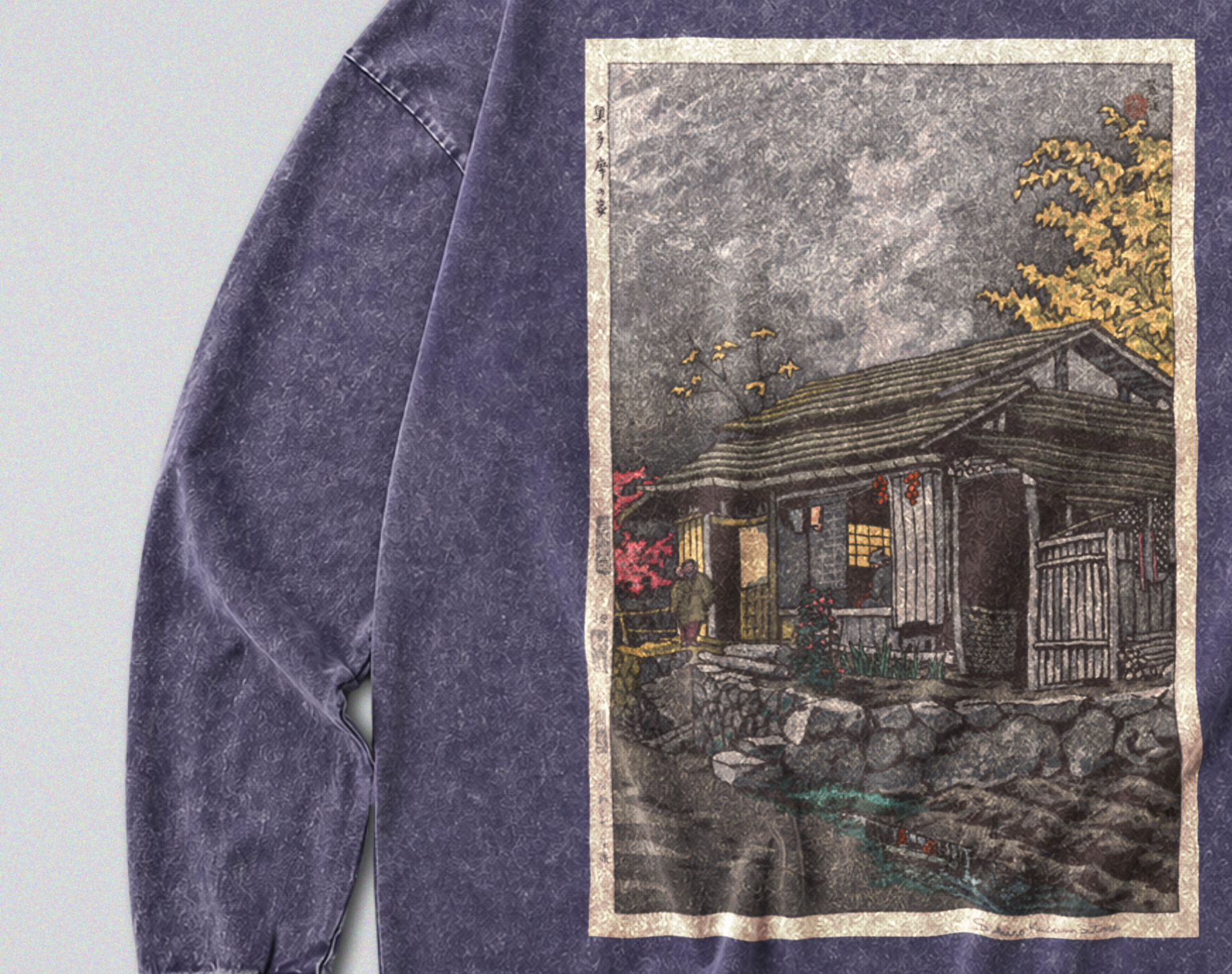 Oversized Snow Washed Long Sleeve Cotton Tee - Rural Japanese Cabin Print