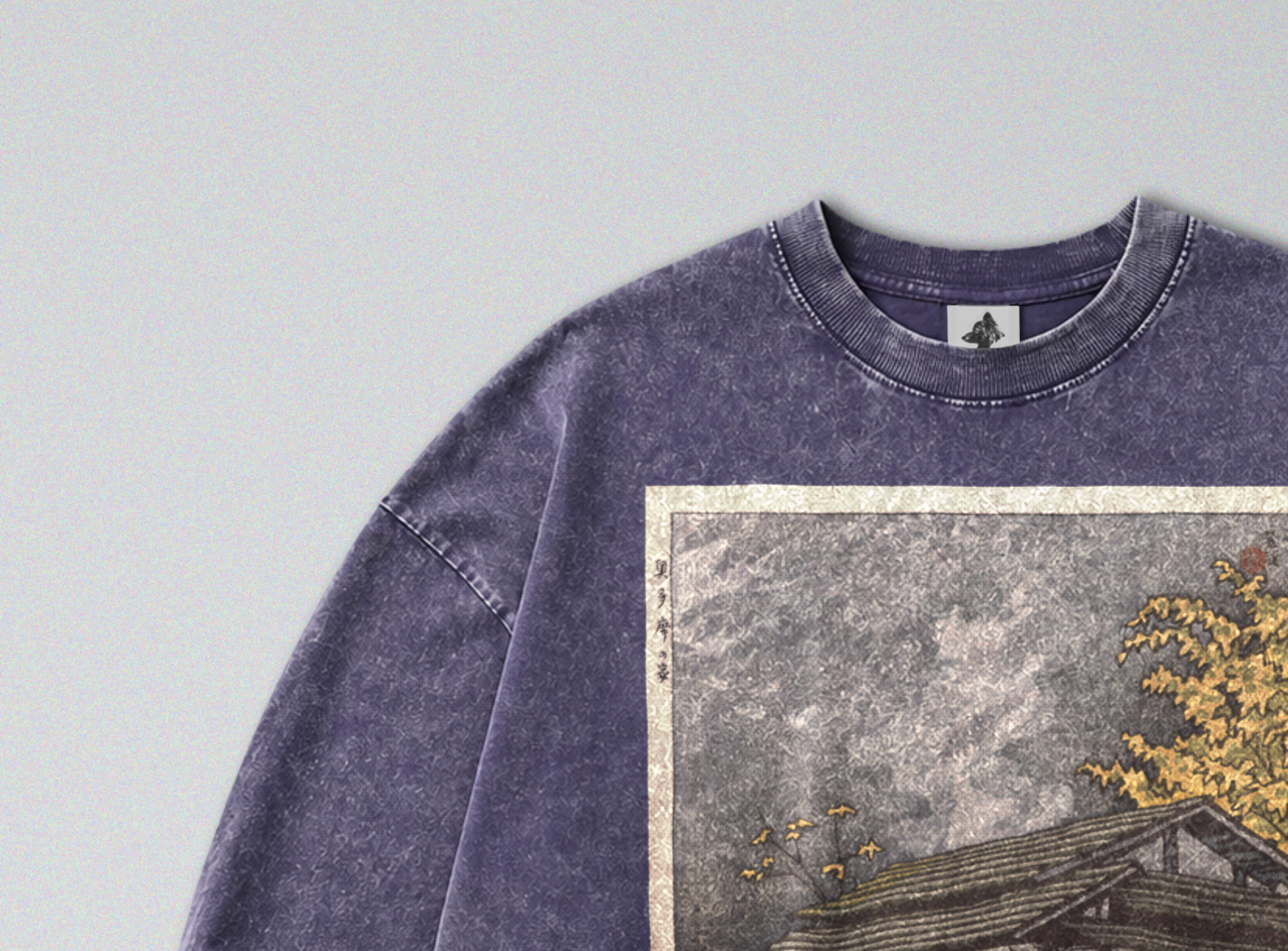 Oversized Snow Washed Long Sleeve Cotton Tee - Rural Japanese Cabin Print