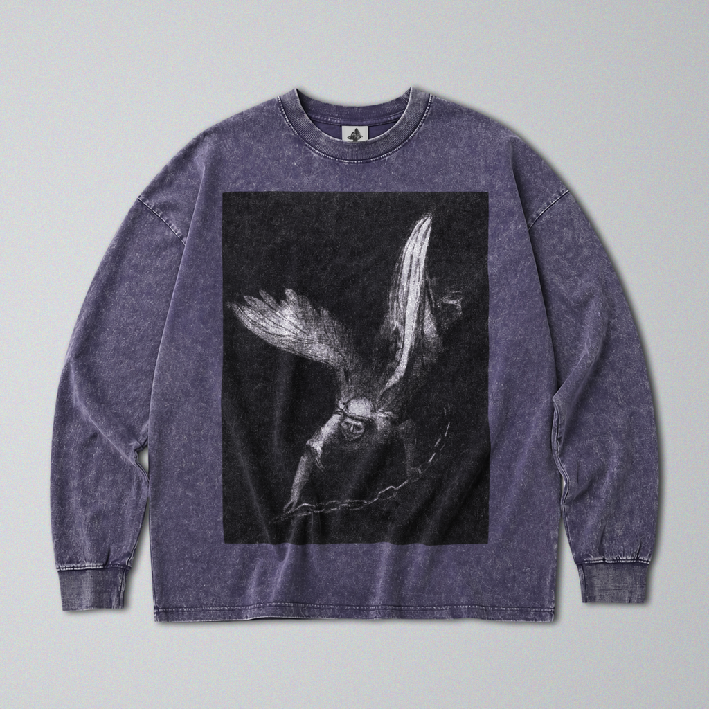 Oversized Snow Washed Long Sleeve Cotton Tee - Gothic Angel of Death Print