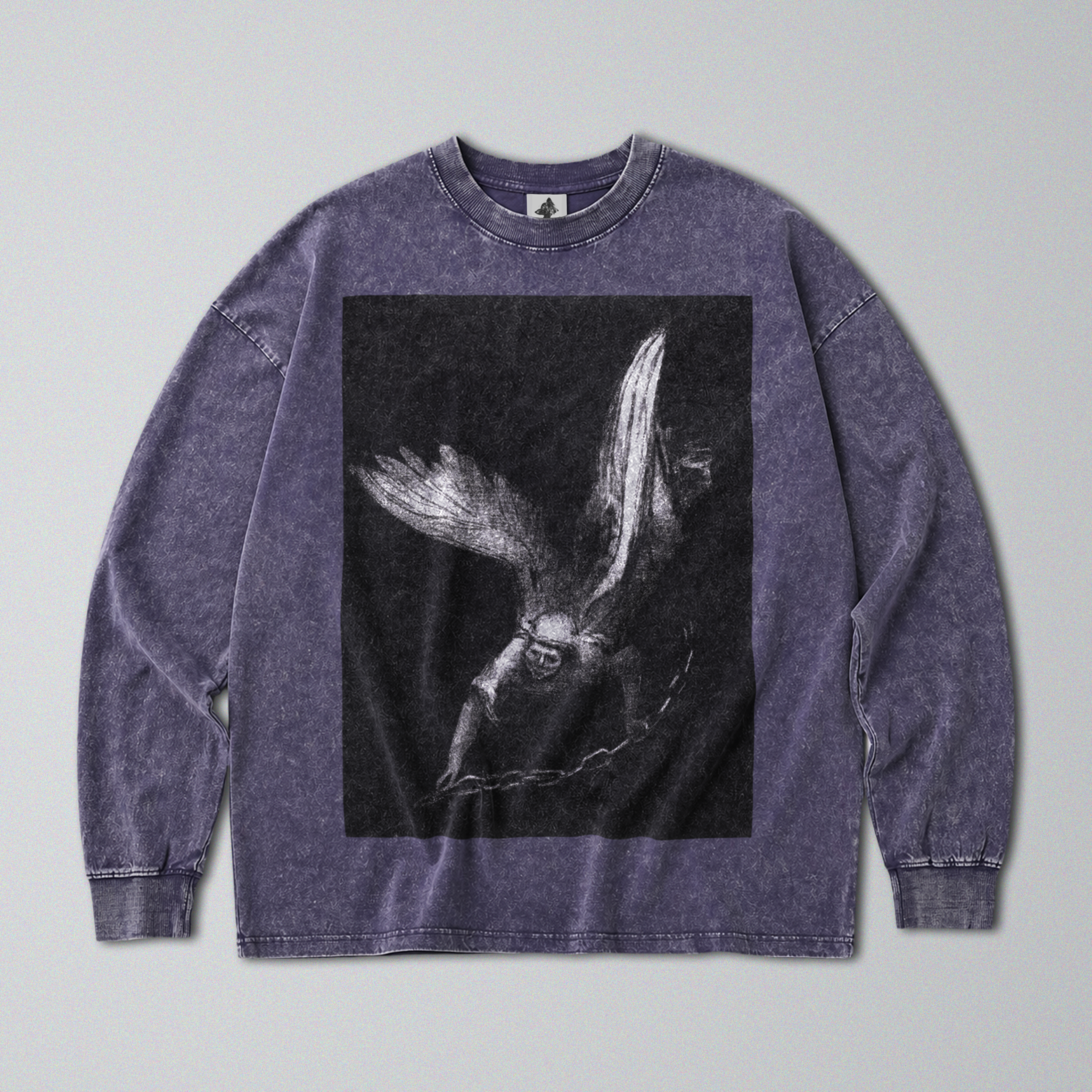 Oversized Snow Washed Long Sleeve Cotton Tee - Gothic Angel of Death Print