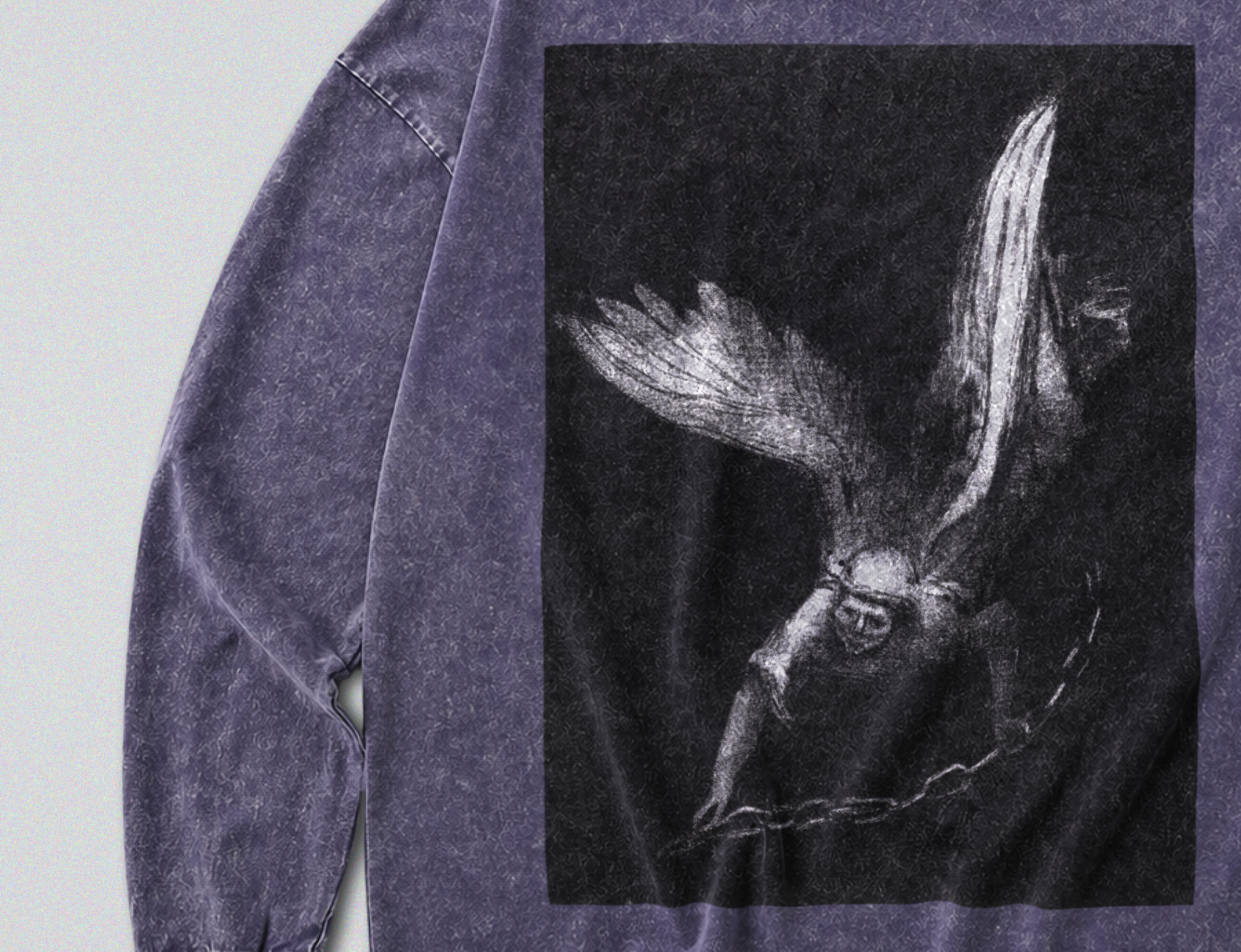 Oversized Snow Washed Long Sleeve Cotton Tee - Gothic Angel of Death Print