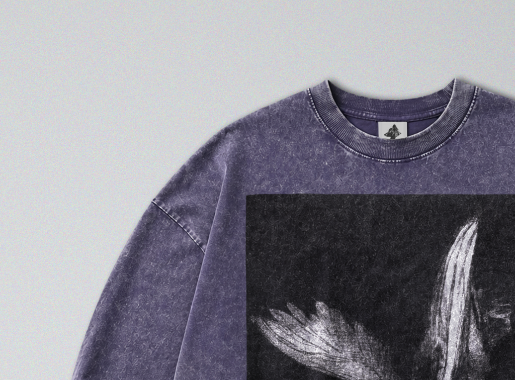 Oversized Snow Washed Long Sleeve Cotton Tee - Gothic Angel of Death Print
