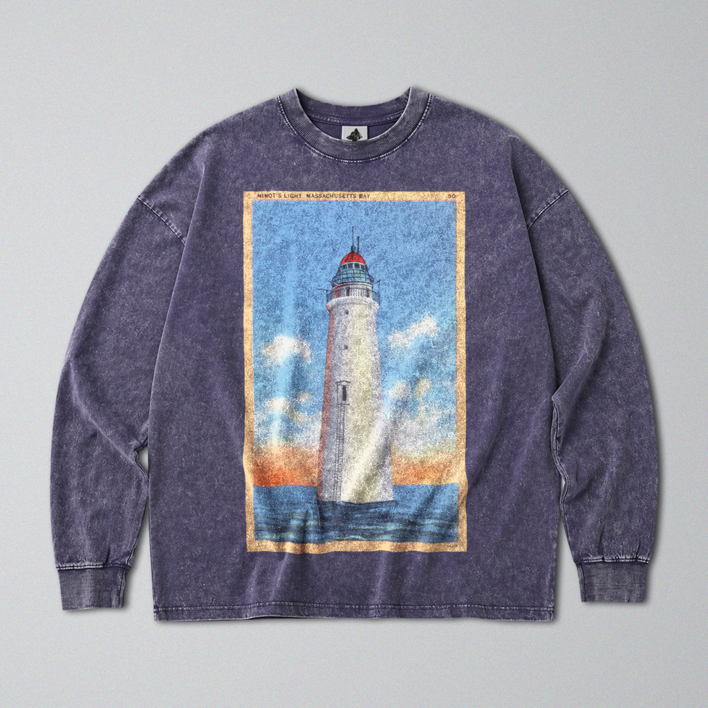 Oversized Snow Washed Long Sleeve Cotton Tee - Lighthouse at Sea Print