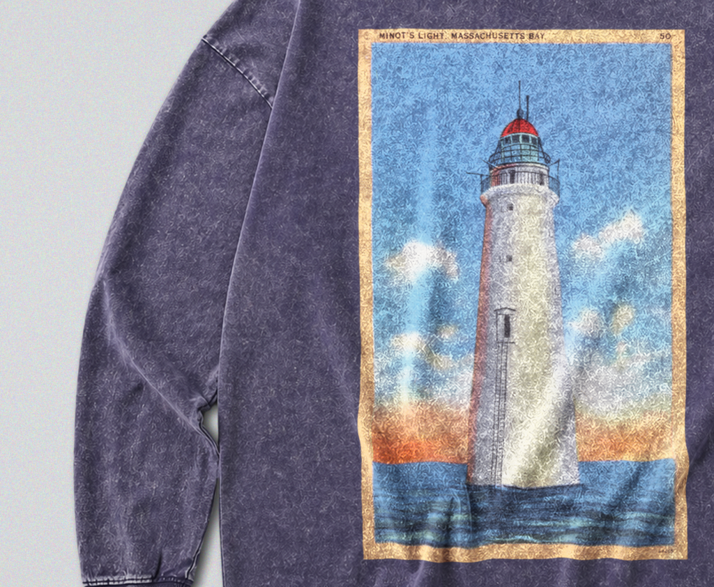 Oversized Snow Washed Long Sleeve Cotton Tee - Lighthouse at Sea Print